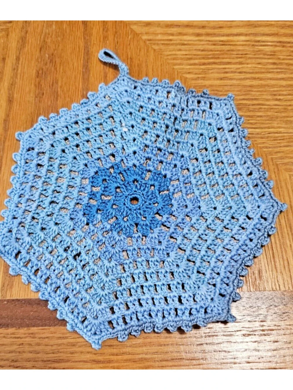Vintage Handmade Crocheted Multicolor-blues Hexagonal Hot Pad 6